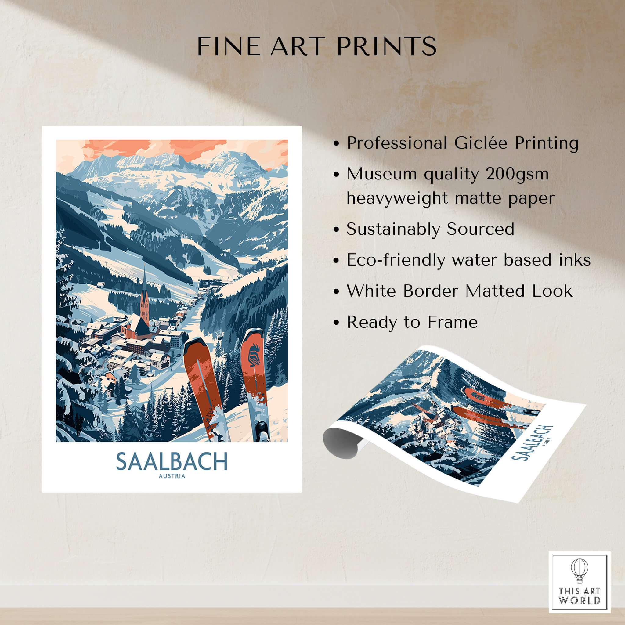Saalbach Poster Austria showcasing stunning ski scenery with professional Giclée printing on heavyweight matte paper.
