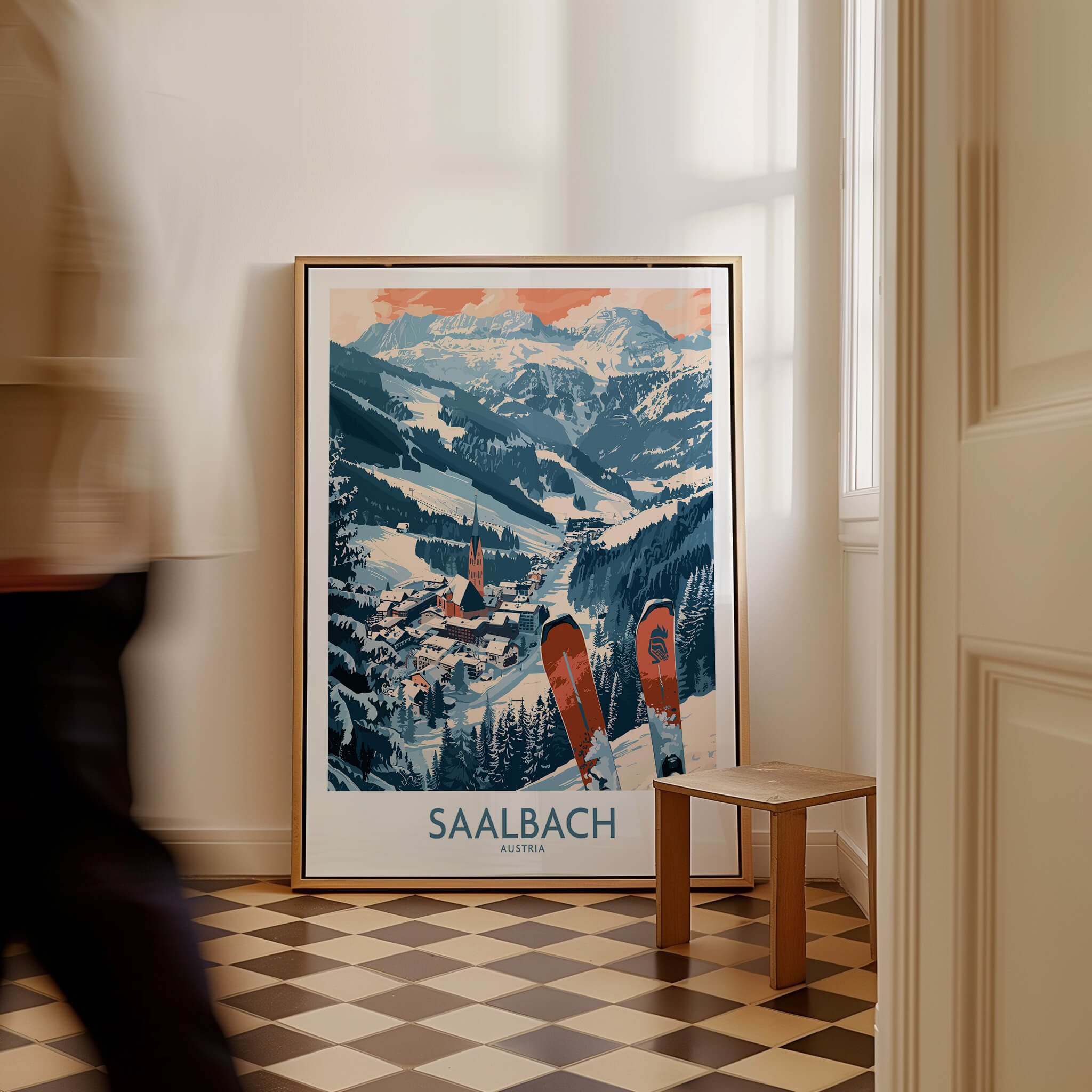 Saalbach Poster Austria displayed in a cozy room, showcasing stunning ski scenery and winter adventure.