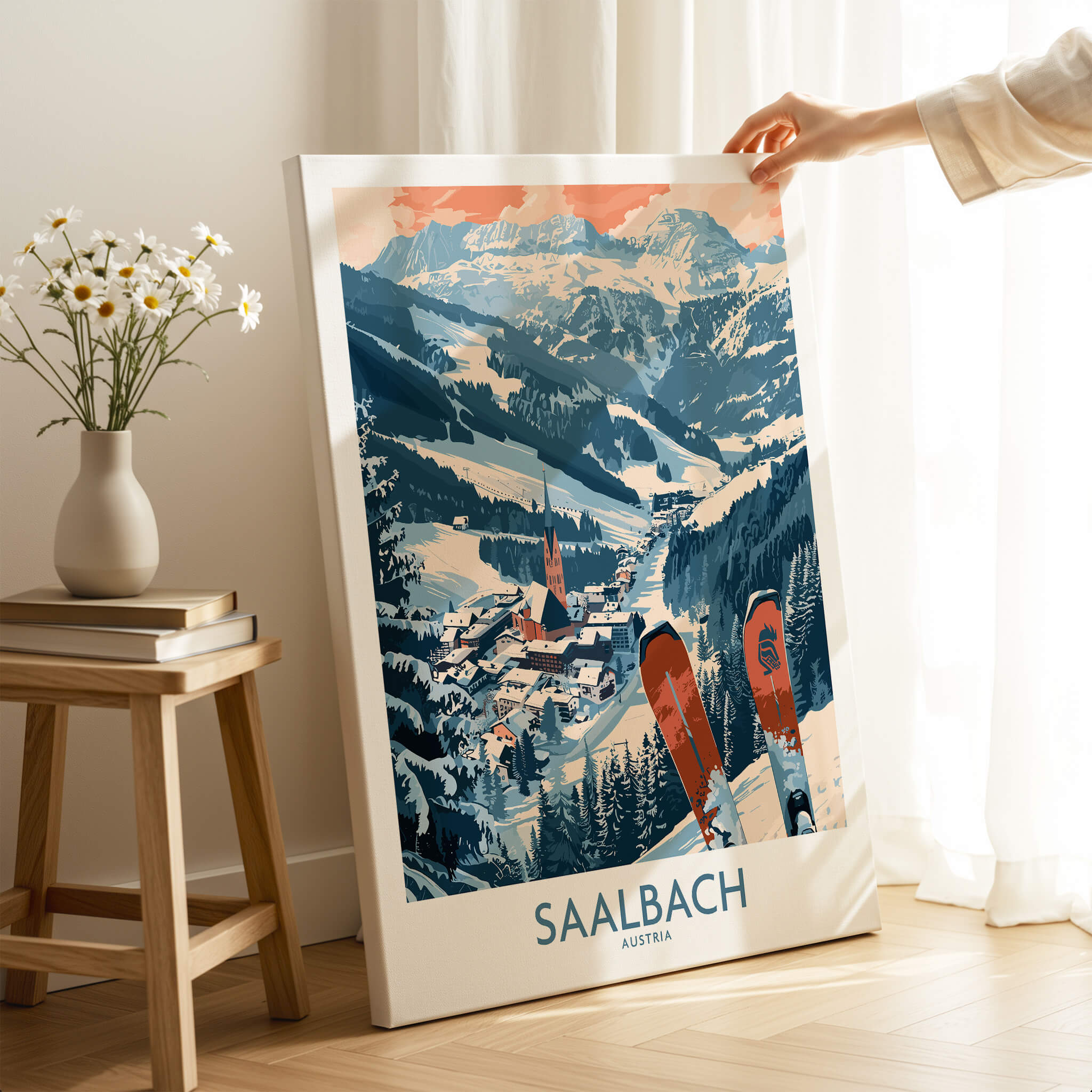 Saalbach Poster Austria showcasing a stunning ski scene in a cozy home decor setting, perfect for winter sports enthusiasts.
