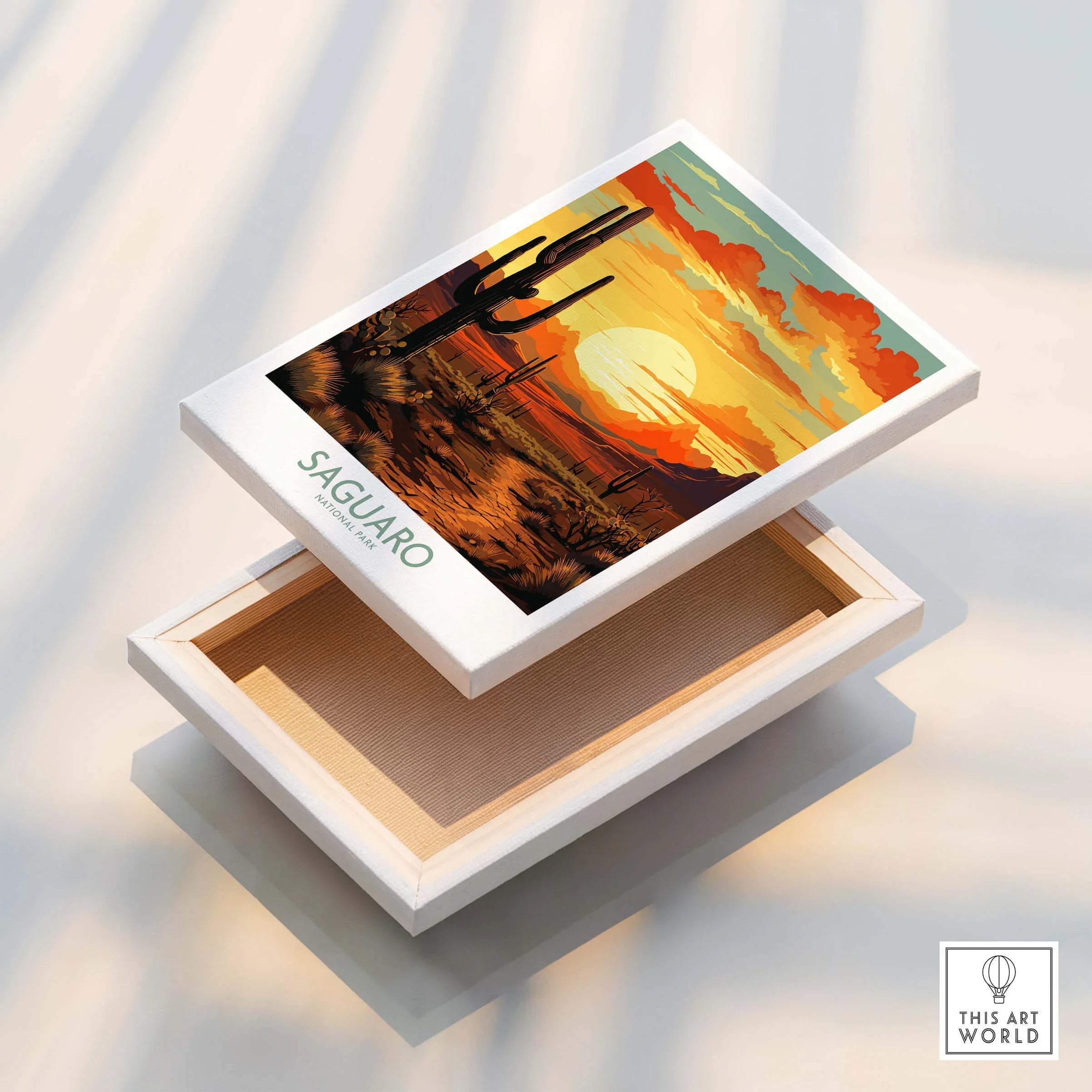 Saguaro National Park canvas print with sunset and cactus in desert landscape wall art