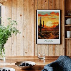 Framed Saguaro National Park art print with desert sunset in cozy wooden kitchen setting