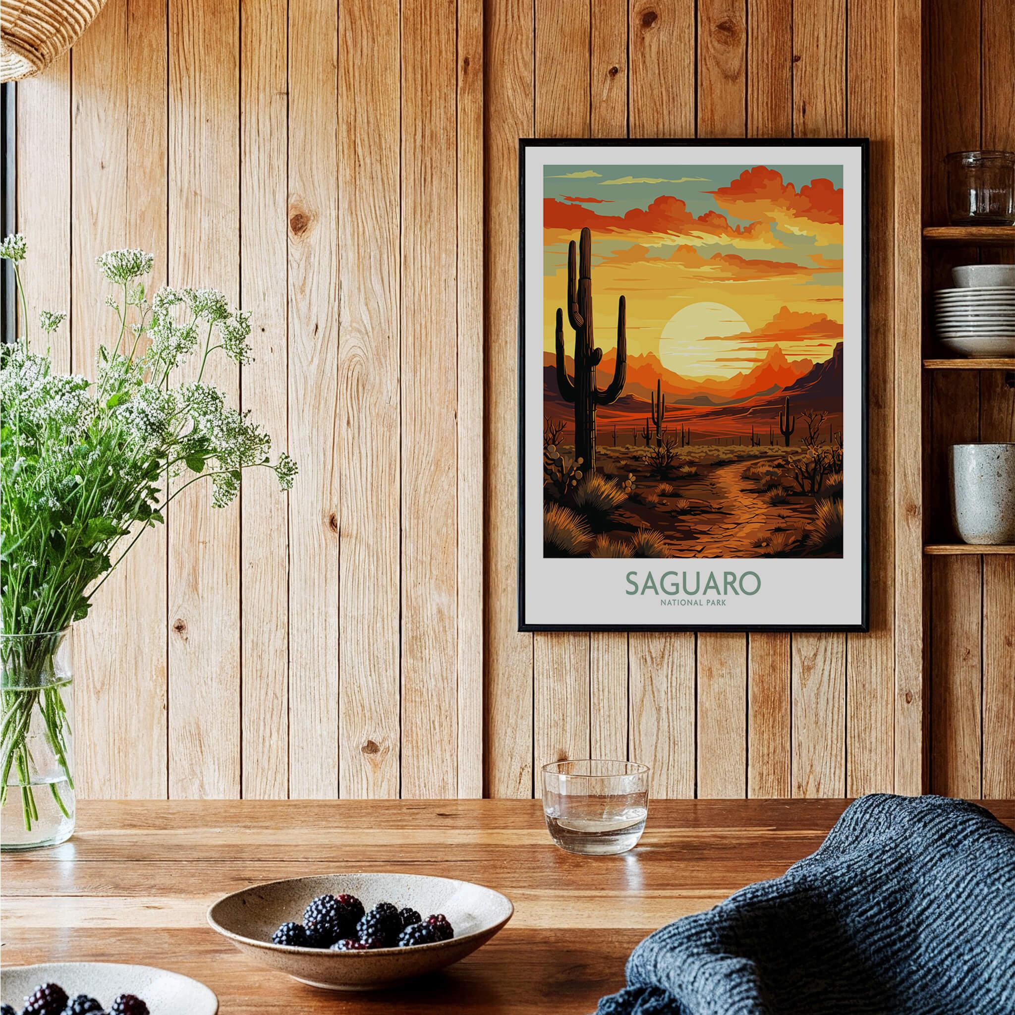 Framed Saguaro National Park art print with desert sunset in cozy wooden kitchen setting