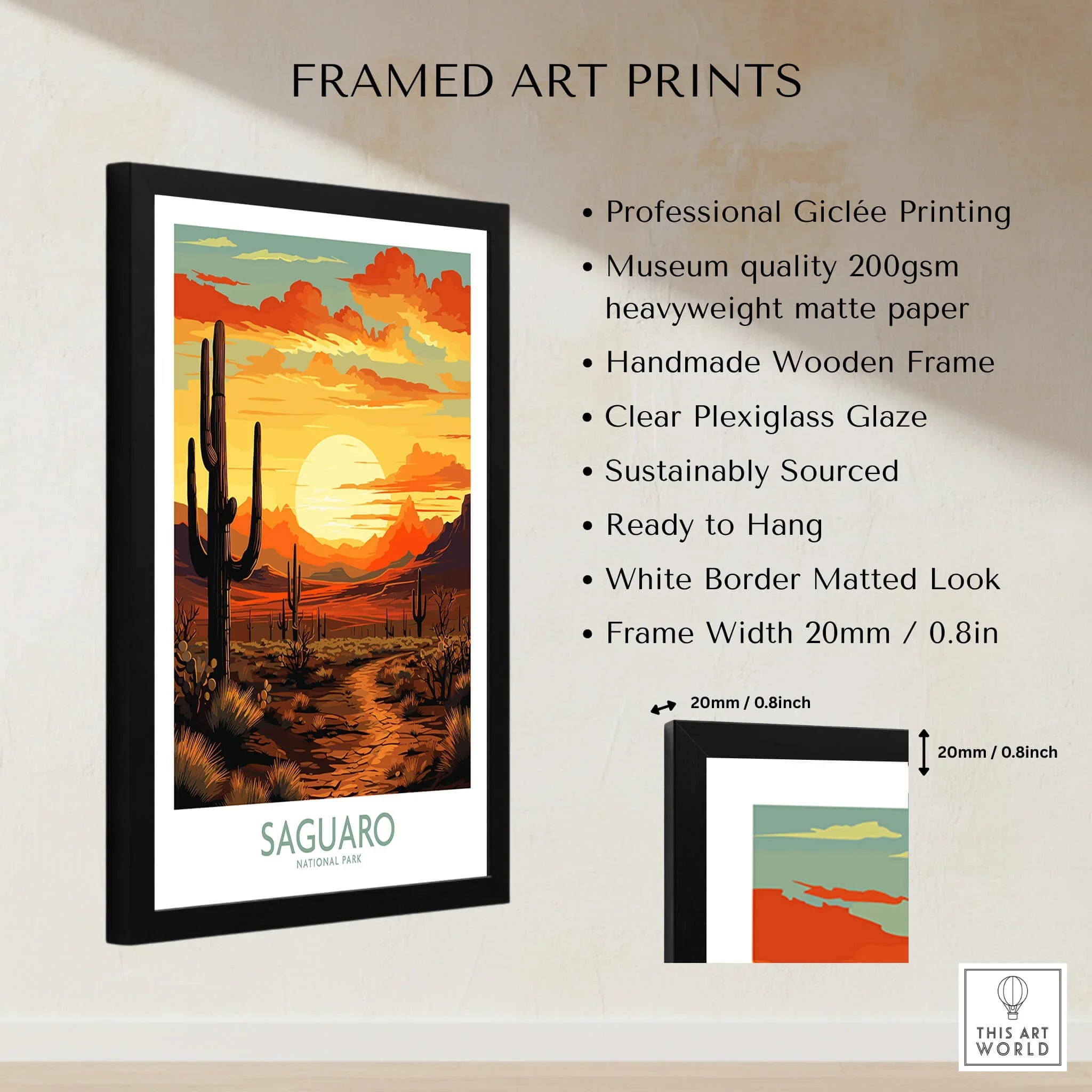 Framed Saguaro National Park art print with sunset desert scene, listed product details.