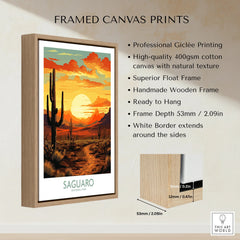 Framed canvas print of Saguaro National Park sunset with cacti, desert landscape, and wooden float frame.