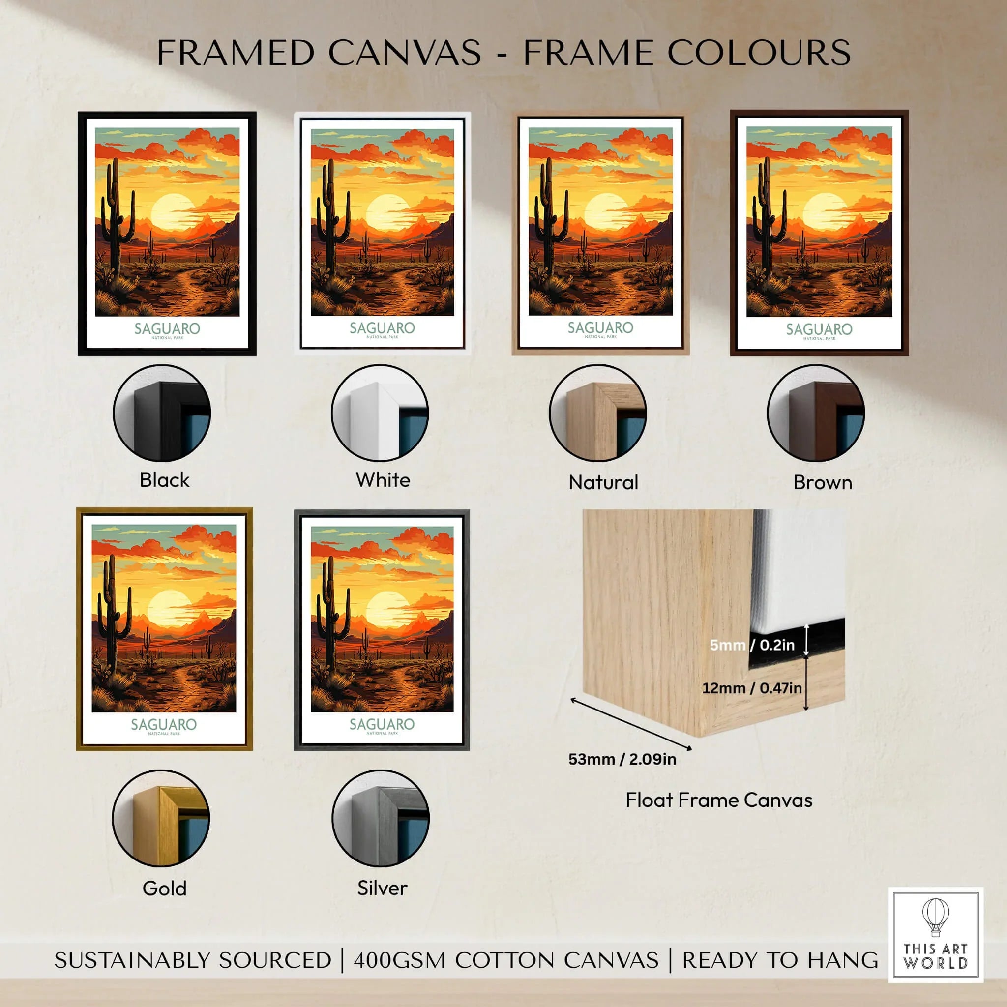 Saguaro National Park sunset art print with six frame color options: black, white, natural, brown, gold, silver.