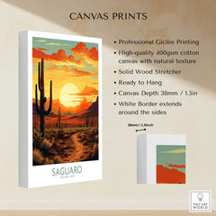 Saguaro National Park canvas print with sunset desert landscape, cacti, and mountains.