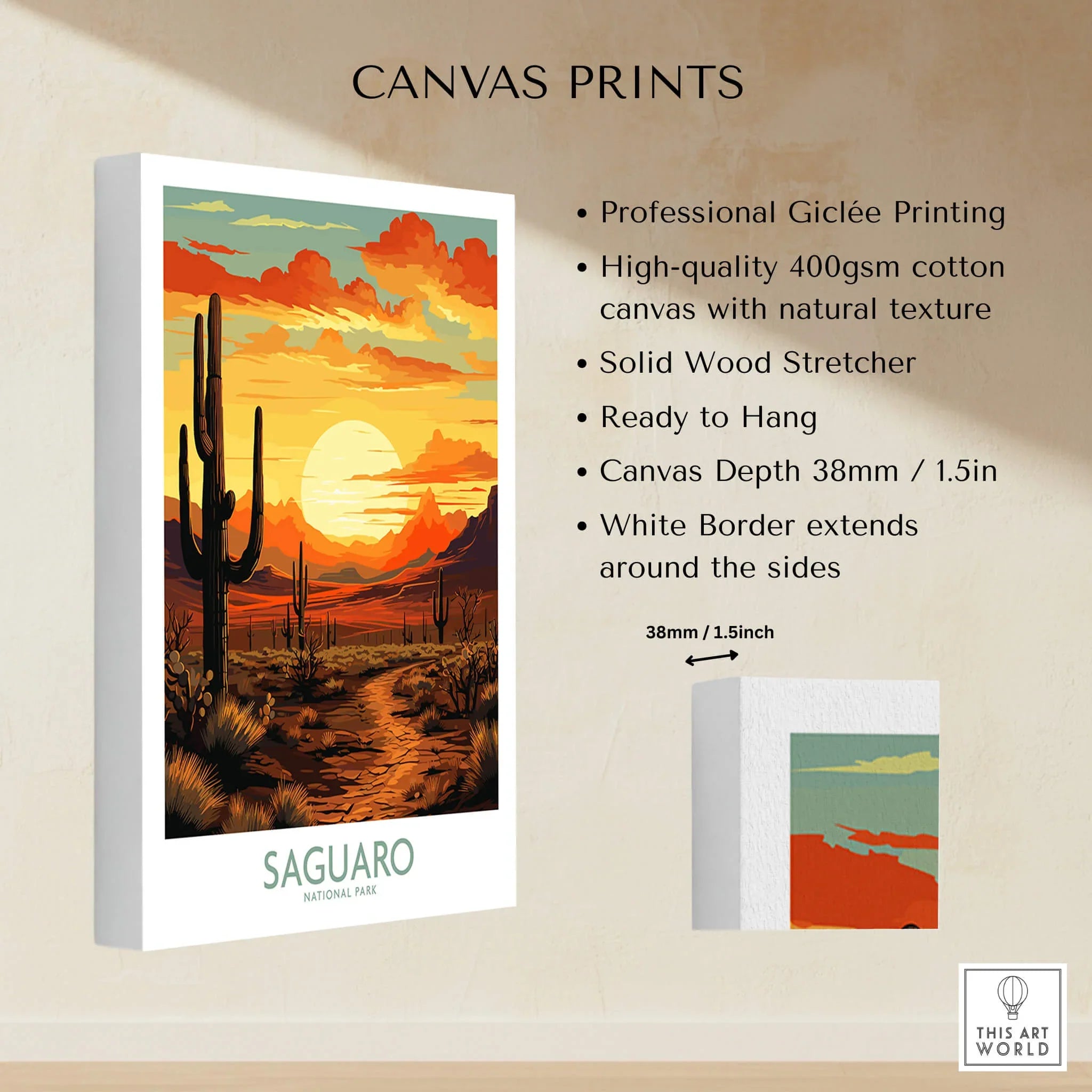 Saguaro National Park canvas print with sunset desert landscape, cacti, and mountains.