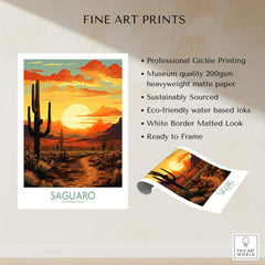 Saguaro National Park art print showing desert sunset, cacti, and mountains, unframed wall decor.