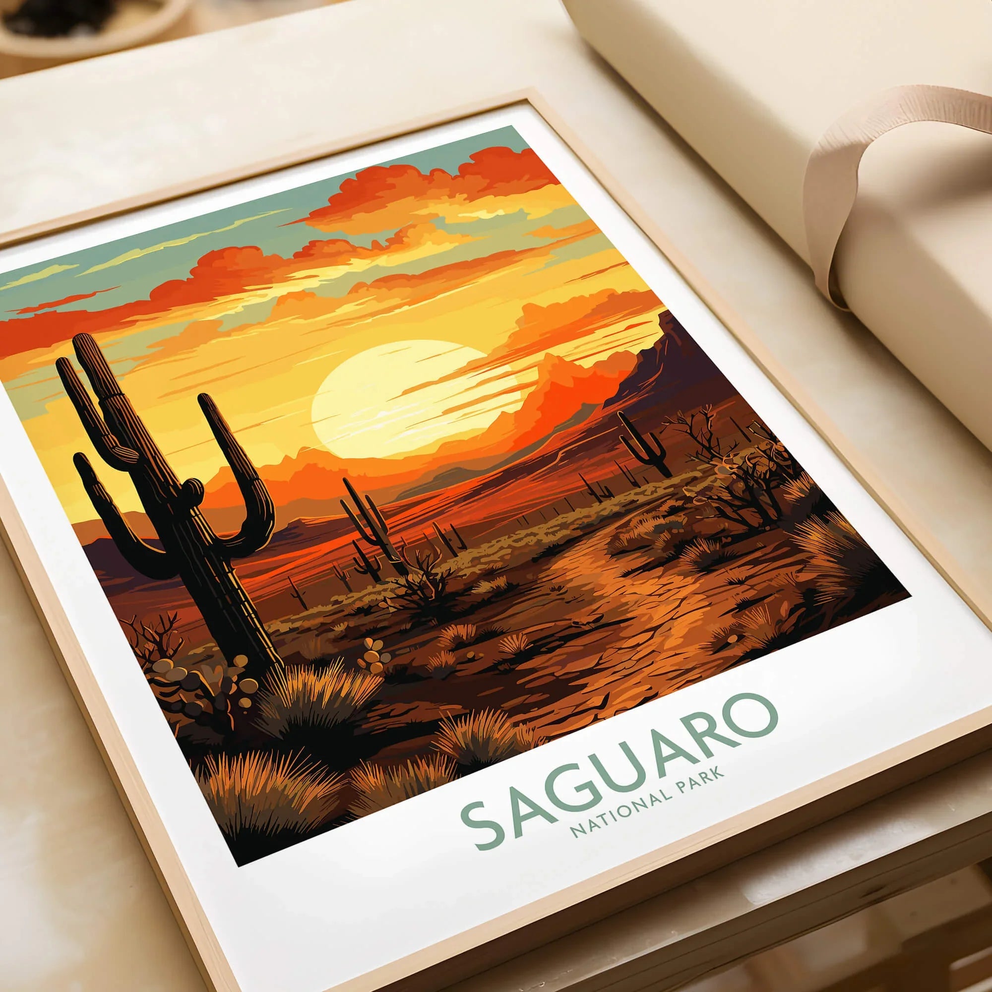 Framed Saguaro National Park art print with desert sunset and cacti landscape, unwrapped gift
