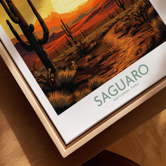 Saguaro National Park art print with desert sunset, cacti, and natural wood floating frame