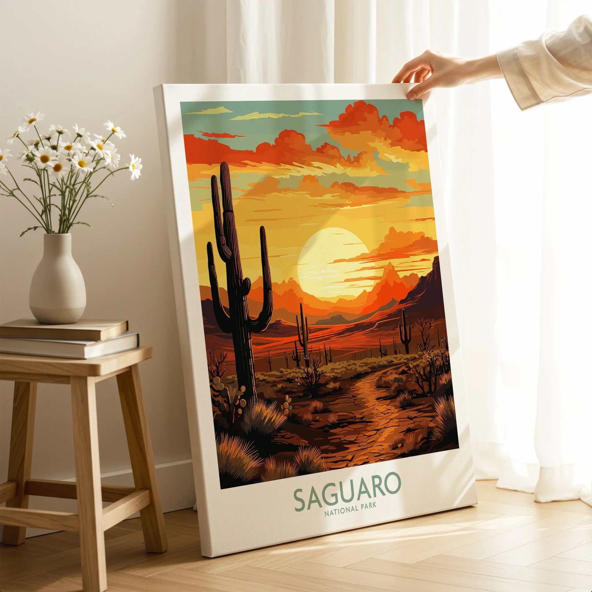 Saguaro National Park canvas print with sunset desert scene, cacti, and mountains in home setting