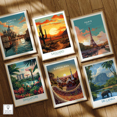 Set of six framed travel art prints featuring Venice, Saguaro National Park, Paris, Singapore, Barcelona, and Sri Lanka on a wooden floor.