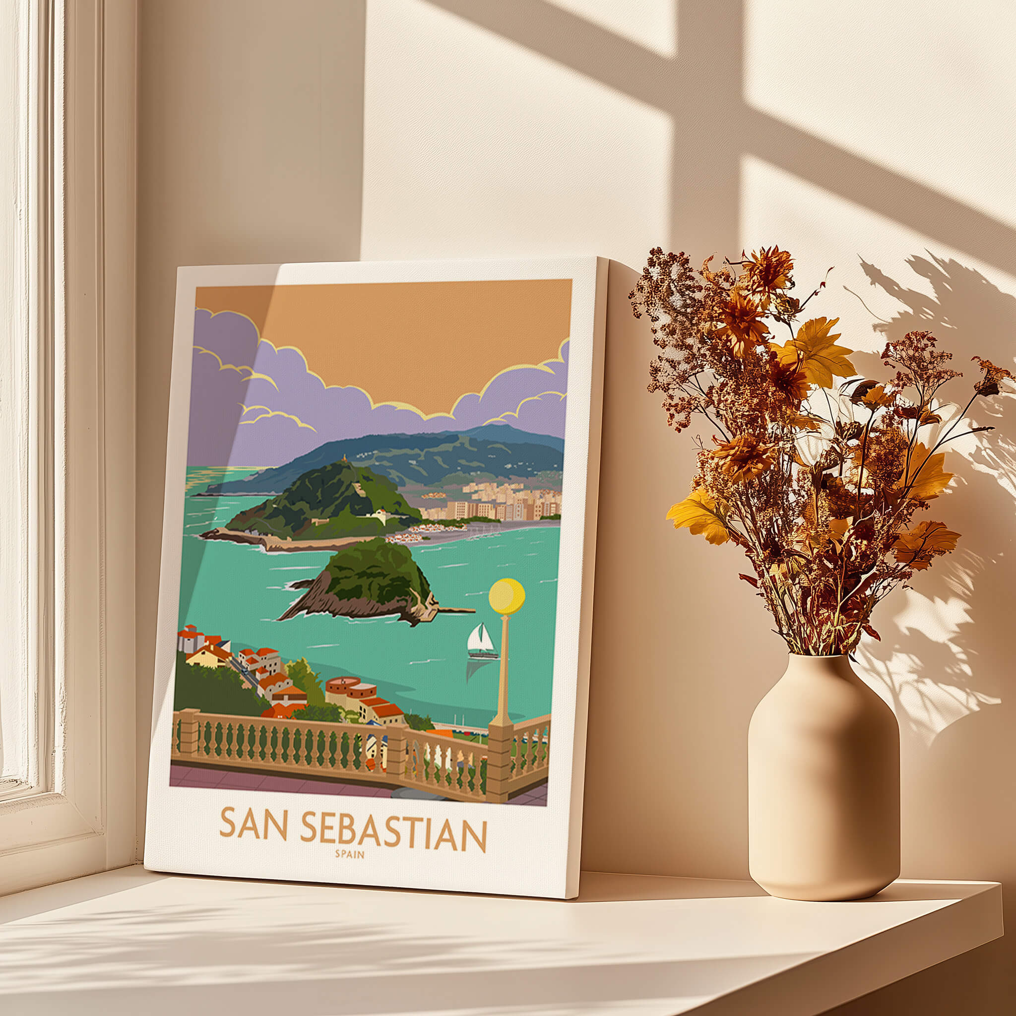 San Sebastian Poster Print showcasing the beautiful seaside city of Donostia-San Sebastian in the Basque Country, Spain.