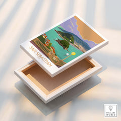 San Sebastian Poster Print displayed on a wooden box, featuring the beautiful seaside city of San Sebastian.