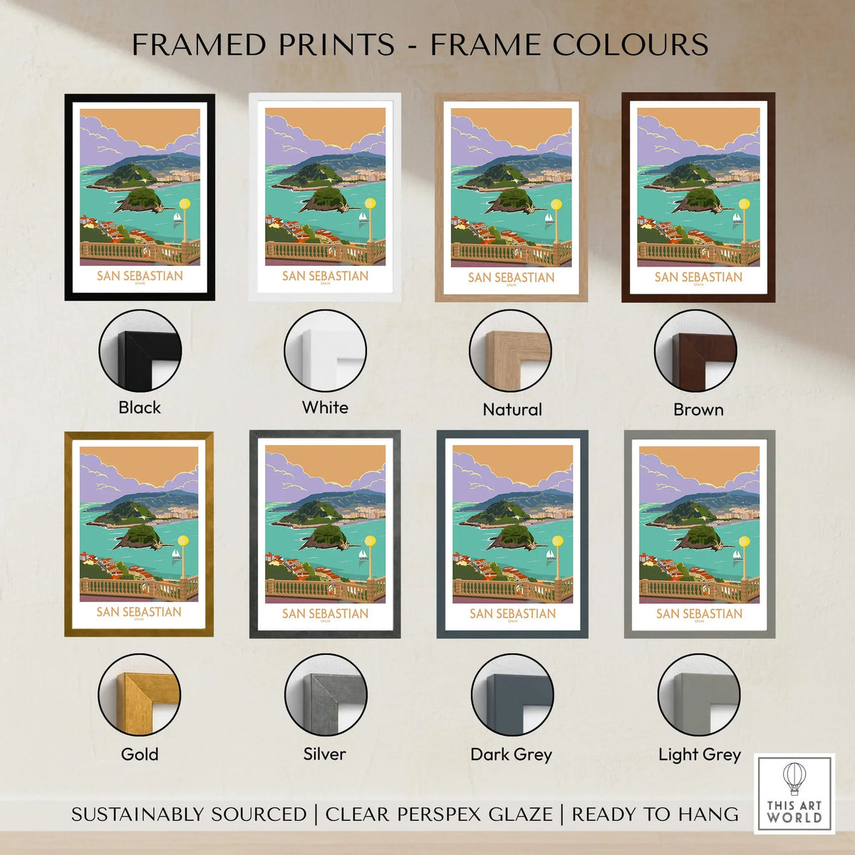 San Sebastian Poster Print framed in various colors including black, white, natural, brown, gold, silver, dark grey, and light grey.