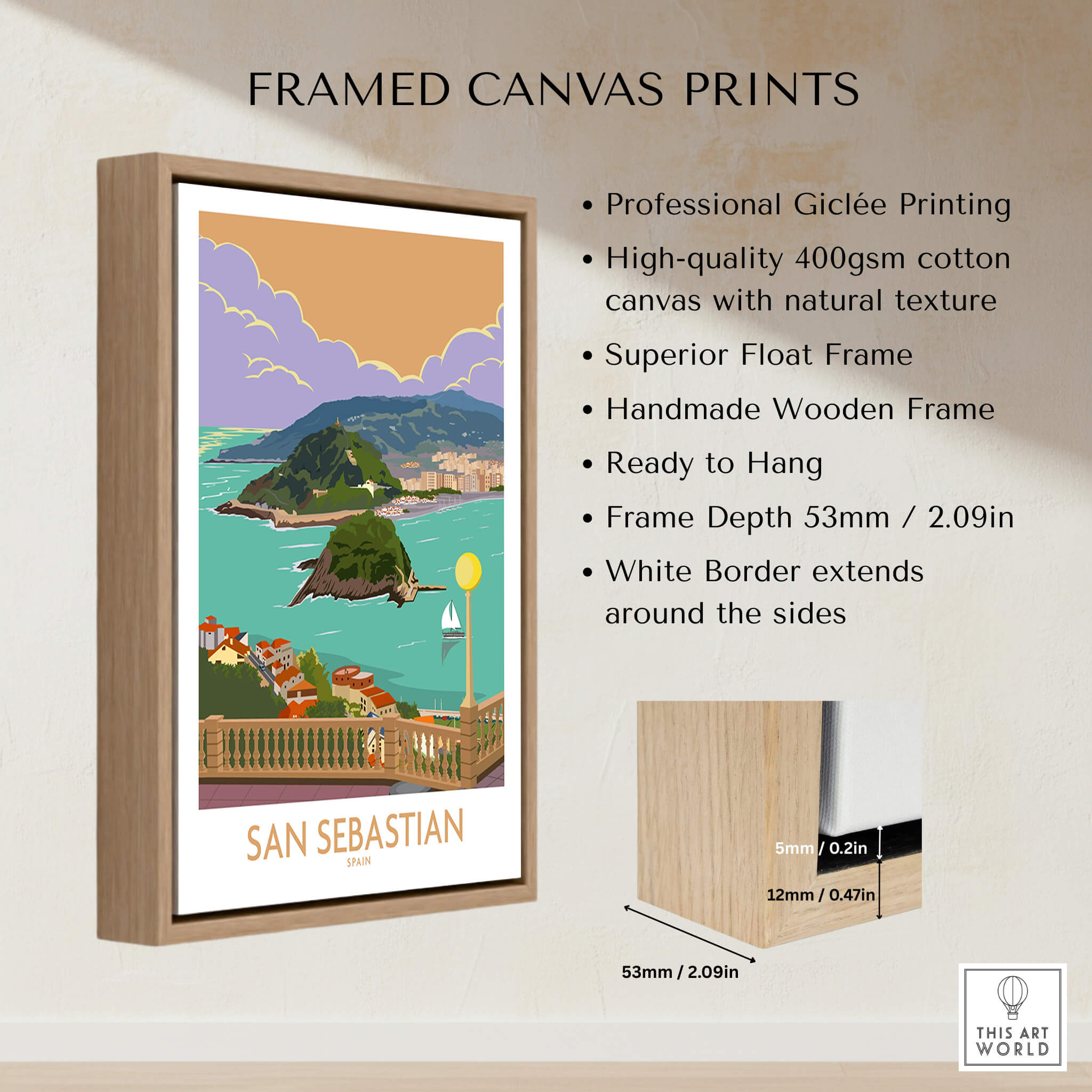 Framed San Sebastian Poster Print featuring Basque Country scenery and natural textures in vibrant colors.