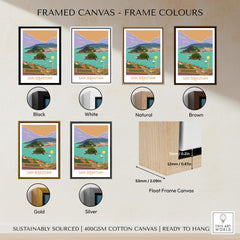 Framed canvas options for San Sebastian Poster Print showcasing black, white, natural, brown, gold, and silver frames.