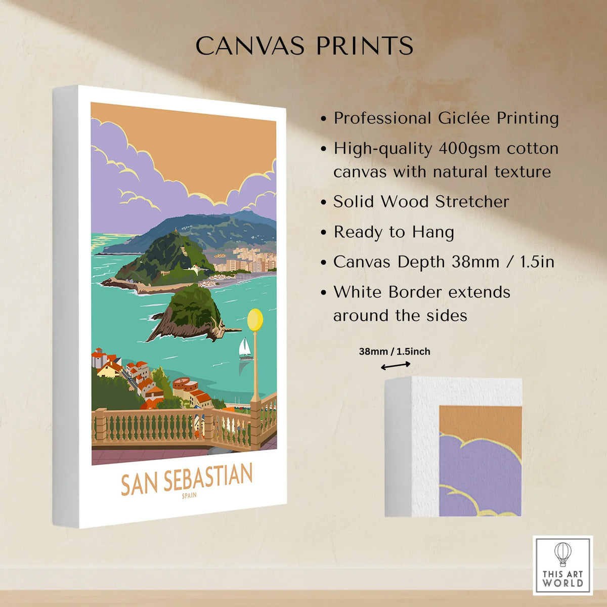 San Sebastian Poster Print showcasing the picturesque seaside city of Donostia-San Sebastian in vibrant colors.