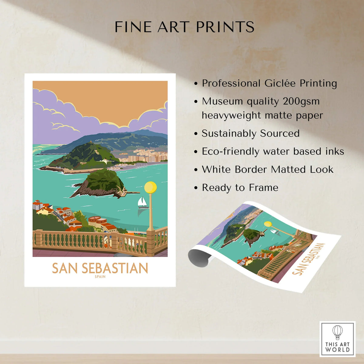 San Sebastian Poster Print showcasing the beautiful seaside city in the Basque Country, ready to frame and enhance your decor.