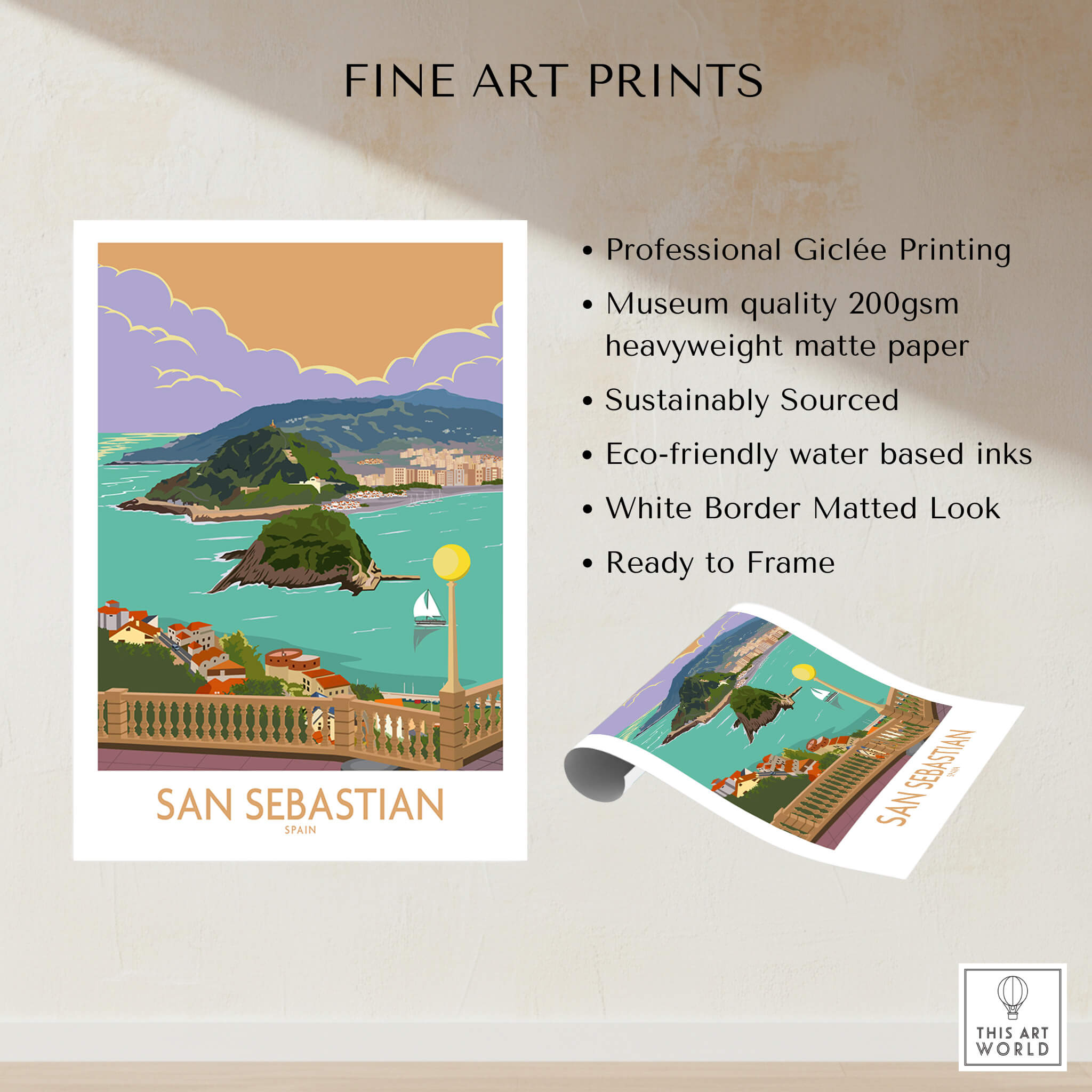 San Sebastian Poster Print showcasing the beautiful seaside city in the Basque Country, ready to frame and enhance your decor.