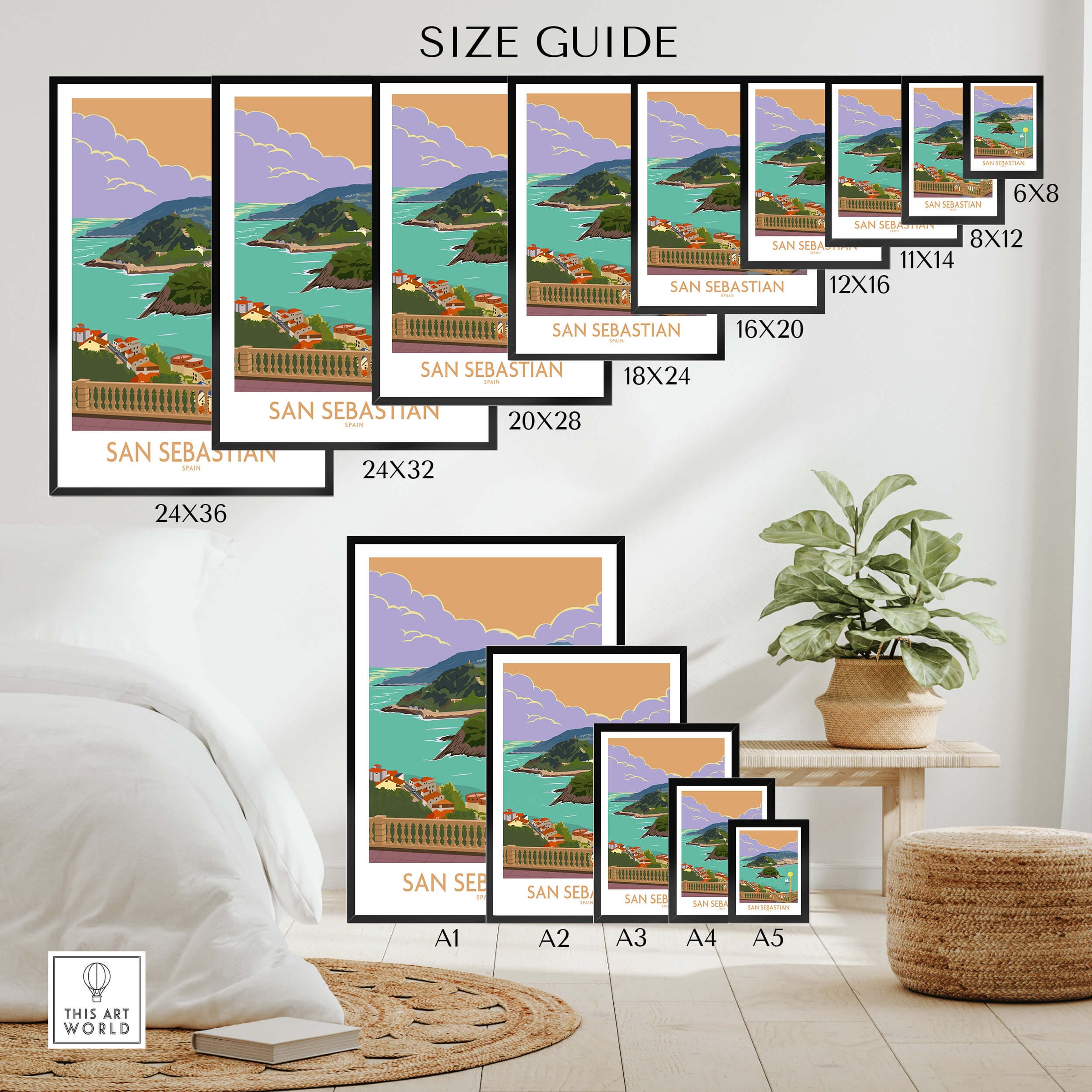 San Sebastian Poster Print size guide showcasing various print dimensions for wall art decor.