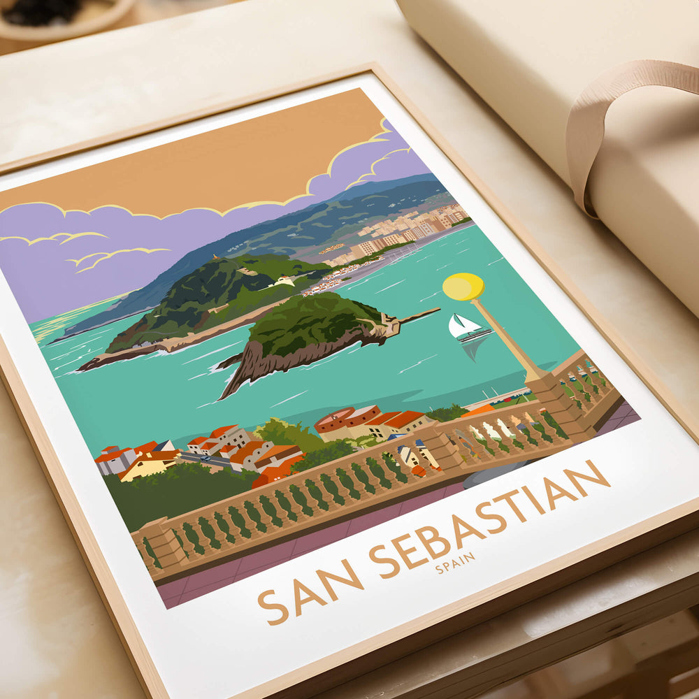 San Sebastian Poster Print featuring a colorful view of Donostia-San Sebastian, Spain, showcasing the coastline and vibrant scenery.