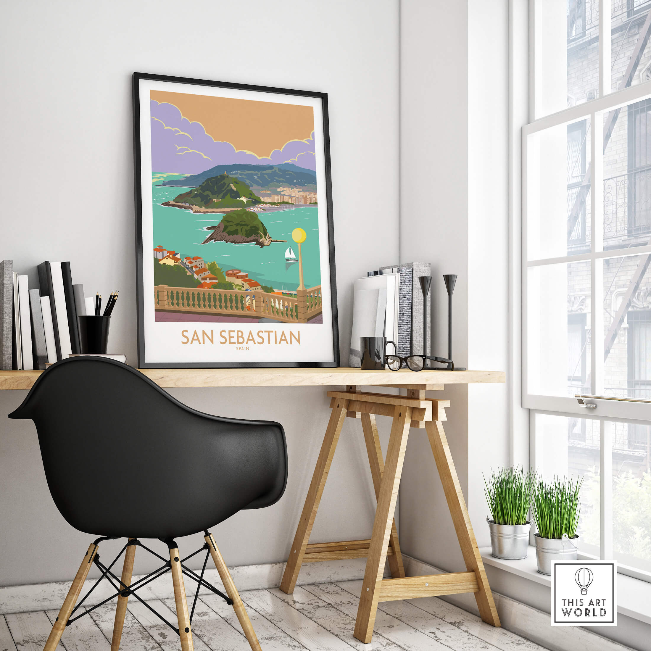 San Sebastian Poster Print featuring the beautiful seaside city in a stylish interior setting.