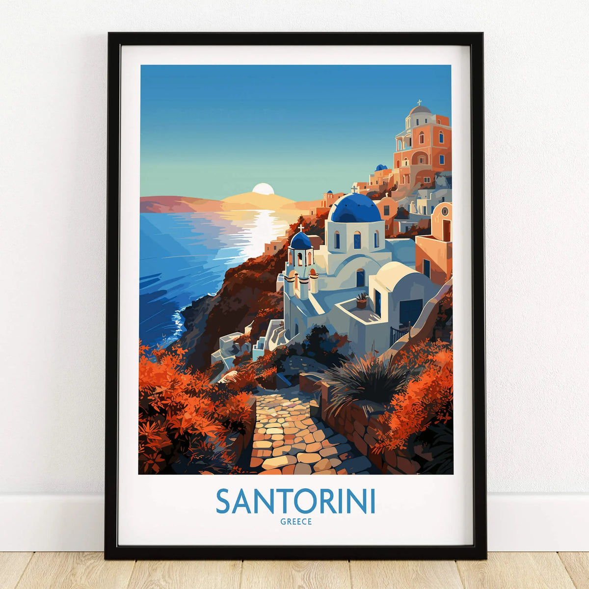 Colorful Santorini Wall Art poster showcasing a scenic view of Greece with vibrant colors.