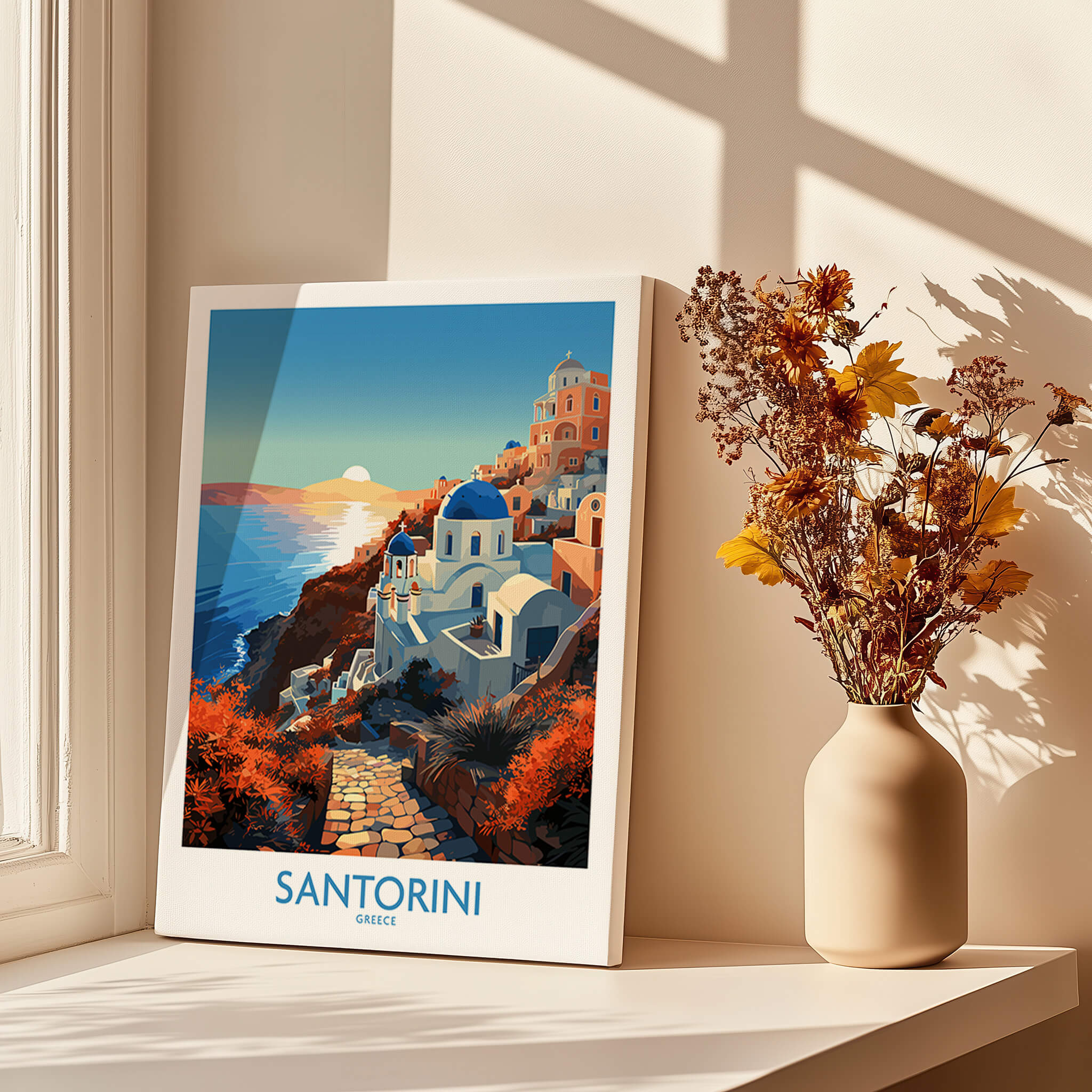 Santorini Wall Art featuring vibrant colors and stunning scenery of Greece, perfect for home decor.