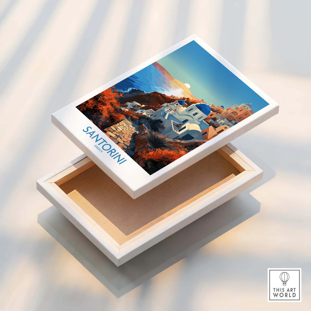 Santorini Wall Art displayed on a wooden box, featuring vibrant colors and iconic Greek architecture.
