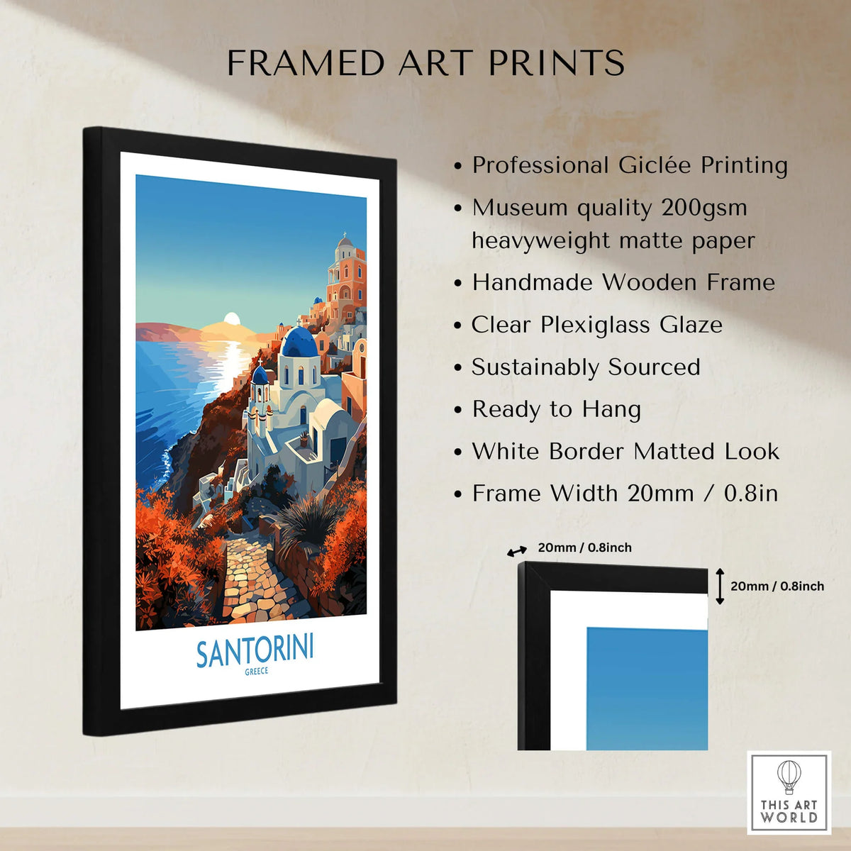 Santorini Wall Art in a black frame featuring vibrant colors and stunning imagery of Greece's iconic landscape.