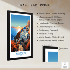 Santorini Wall Art in a black frame featuring vibrant colors and stunning imagery of Greece's iconic landscape.