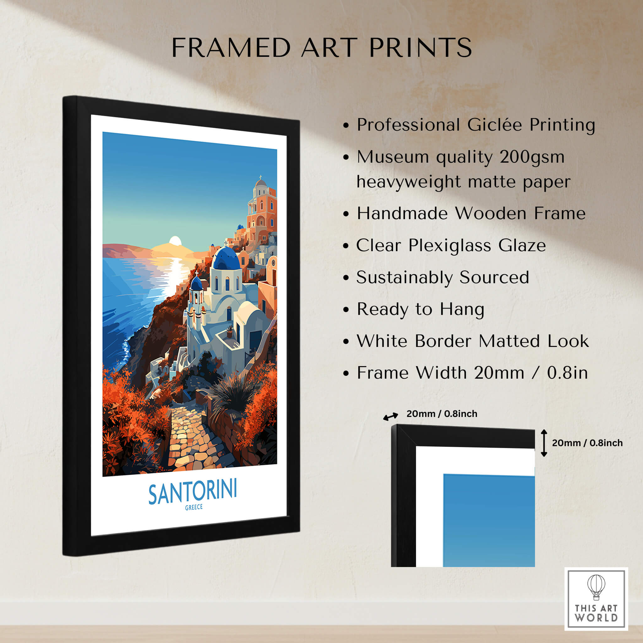 Santorini Wall Art in a black frame featuring vibrant colors and stunning imagery of Greece's iconic landscape.