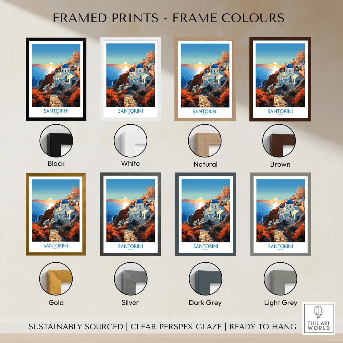 Framed Santorini Wall Art prints in various frame colors including black, white, natural, brown, gold, and silver.