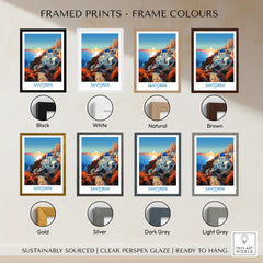 Framed Santorini Wall Art prints in various frame colors including black, white, natural, brown, gold, and silver.