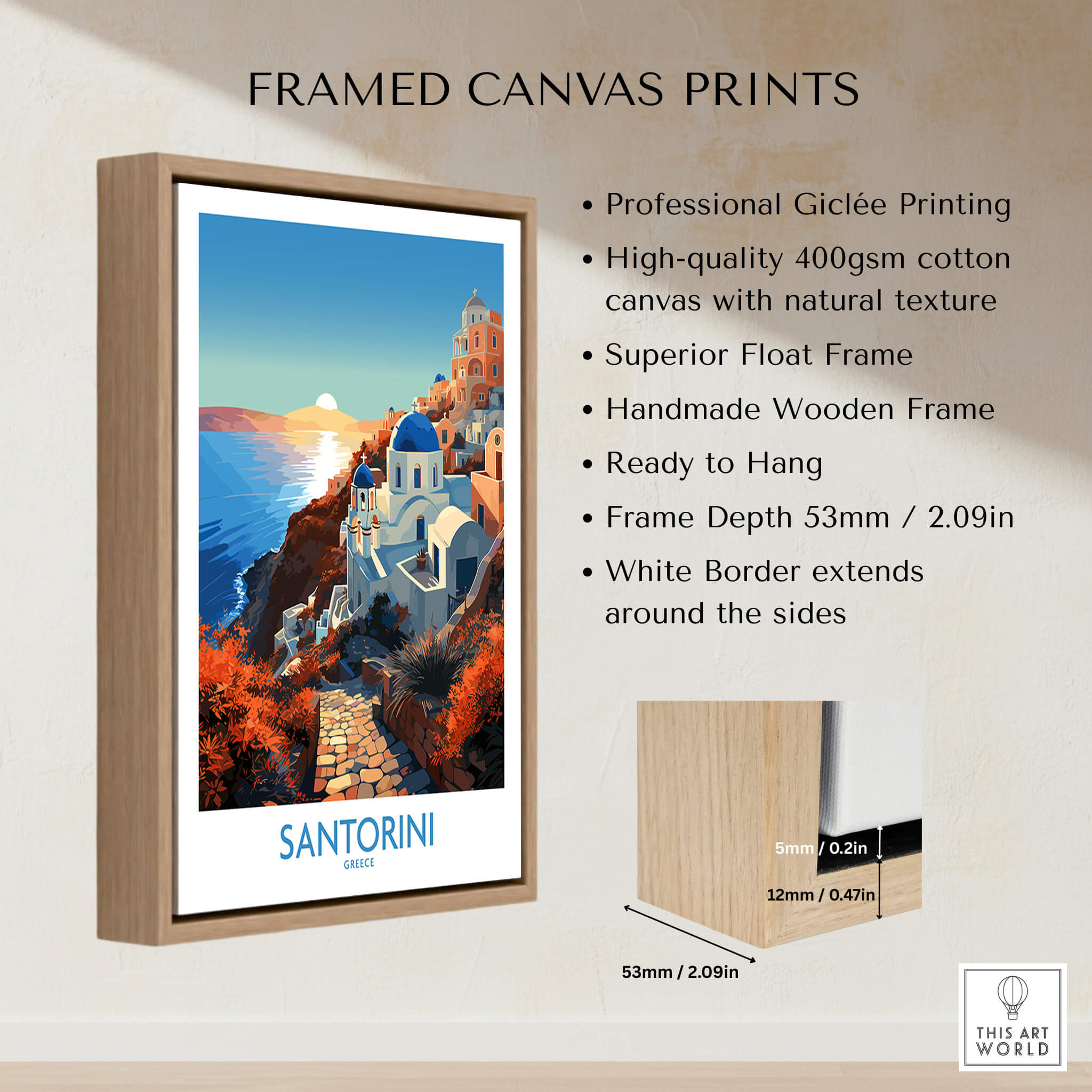 Framed canvas print of Santorini Wall Art showcasing vibrant colors and striking imagery.