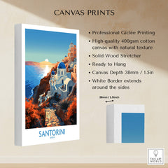 Santorini Wall Art showcasing vibrant Giclée printing on high-quality canvas ready to hang with solid wood stretcher.