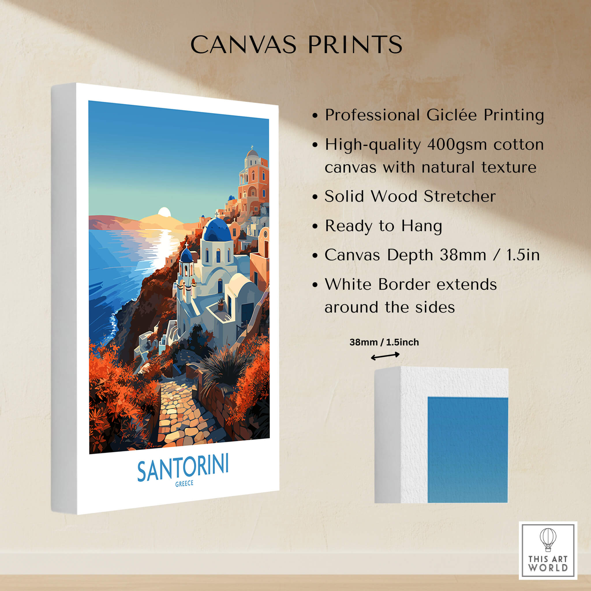 Santorini Wall Art showcasing vibrant Giclée printing on high-quality canvas ready to hang with solid wood stretcher.