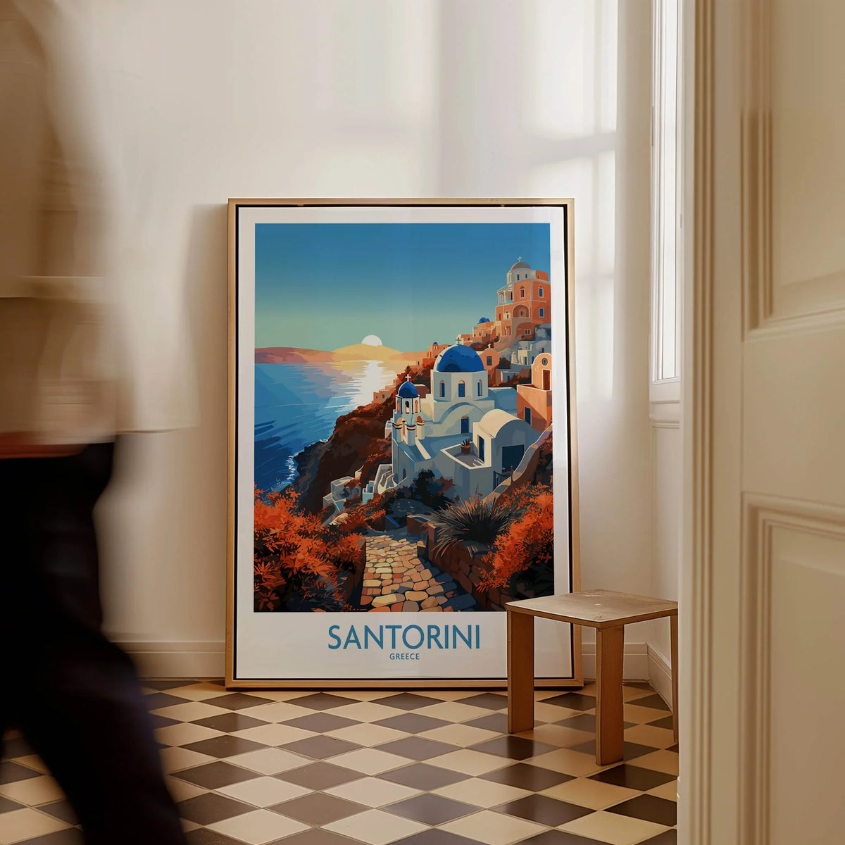 Santorini Wall Art, a vibrant poster showcasing the iconic architecture and scenery of Santorini, Greece.