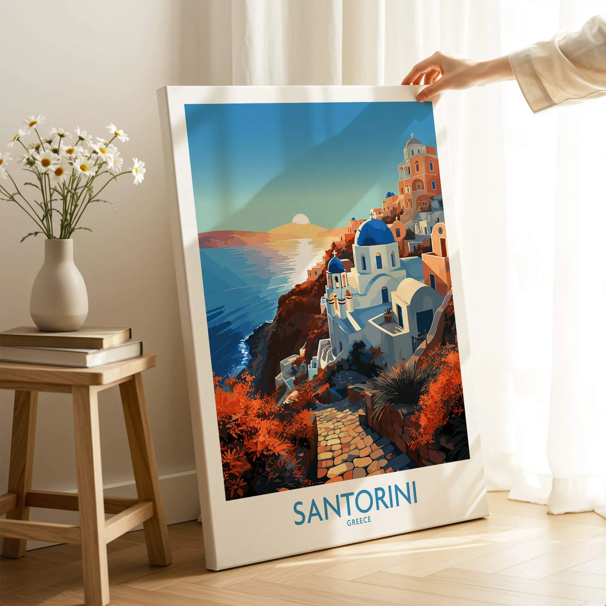 Vibrant Santorini Wall Art showcasing iconic architecture and ocean view, capturing the essence of Greece.