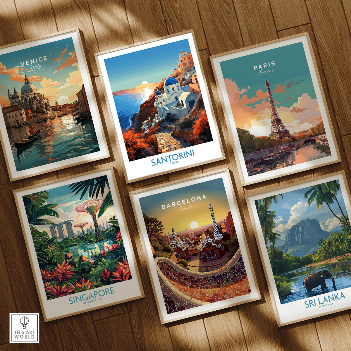 Collection of vibrant travel posters including Santorini Wall Art, showcasing iconic destinations in bold colors.