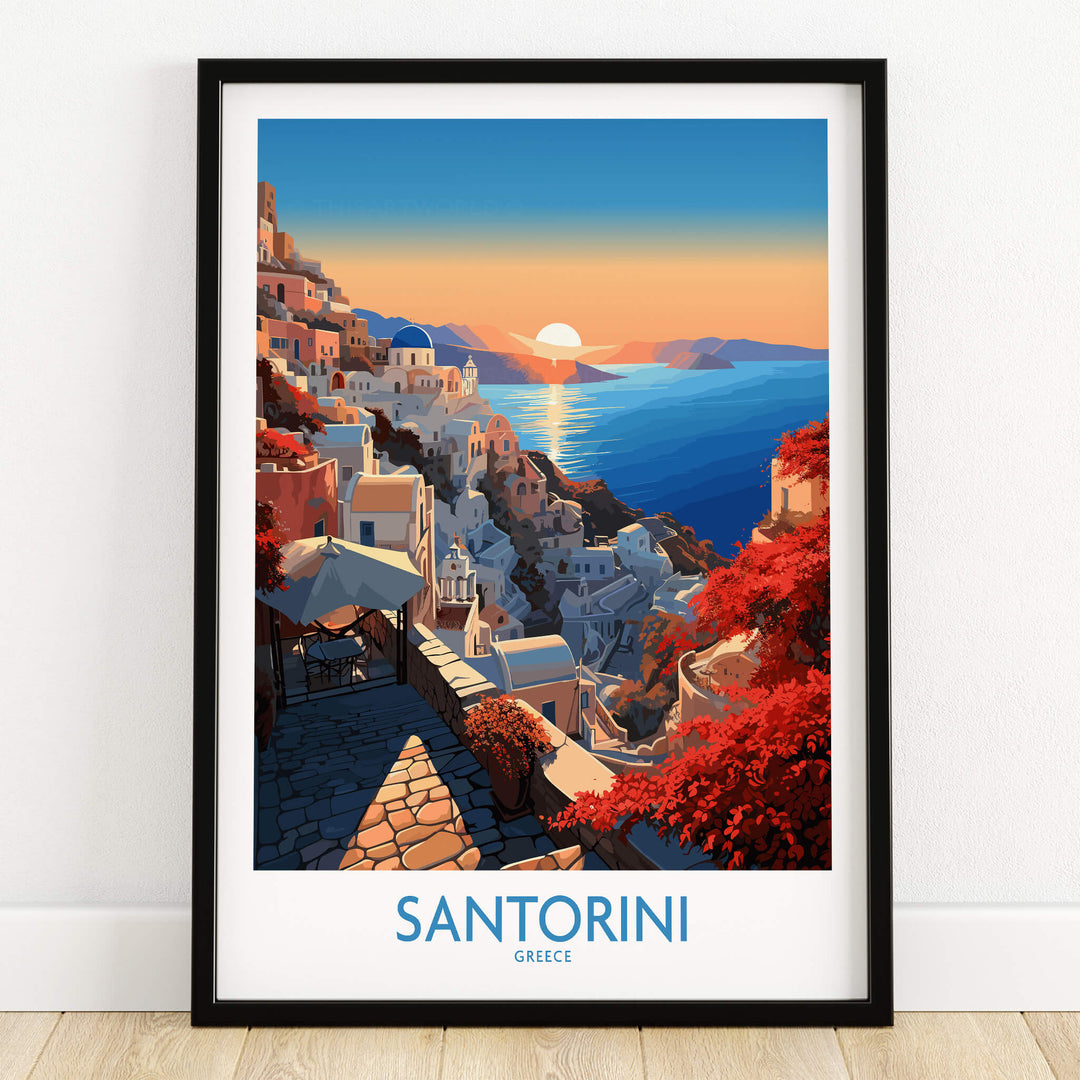 Santorini Art Print featuring vibrant colors and a stunning sunset over the Mediterranean in Greece.