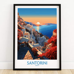 Santorini Art Print featuring vibrant colors and a stunning sunset over the Mediterranean in Greece.
