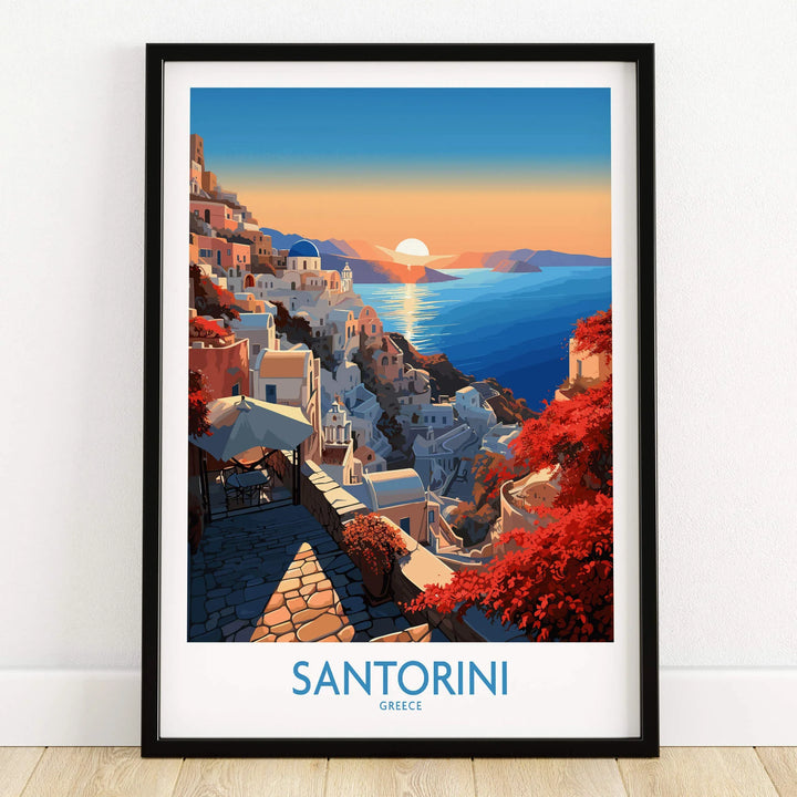 Santorini Art Print featuring vibrant colors and a stunning sunset over the Mediterranean in Greece.