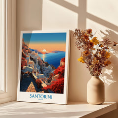 Santorini Art Print featuring a vibrant landscape of Santorini, Greece with sunset and flowers.
