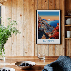 Santorini Art Print featuring a sunset view of Santorini, Greece, beautifully framed on a wooden wall.