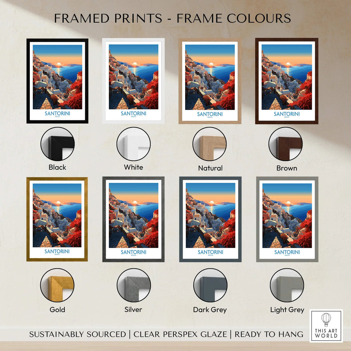 Framed Santorini Art Prints in various colors: Black, White, Natural, Brown, Gold, Silver, Dark Grey, Light Grey.