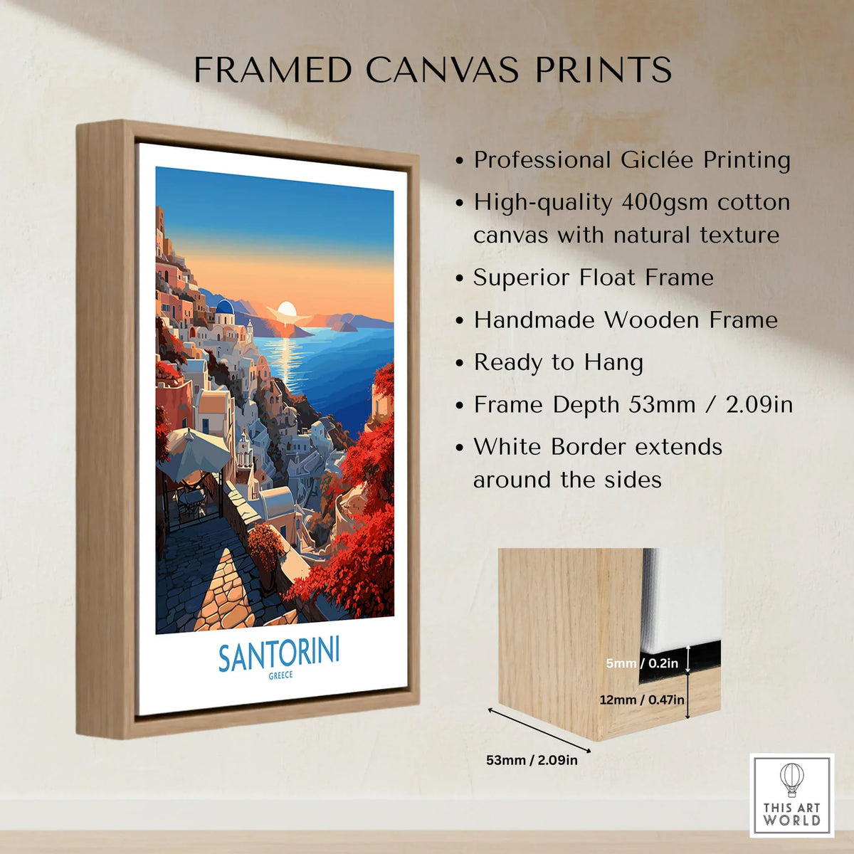 Santorini Art Print framed canvas print featuring vibrant colors and professional Giclée printing, ideal home decor.