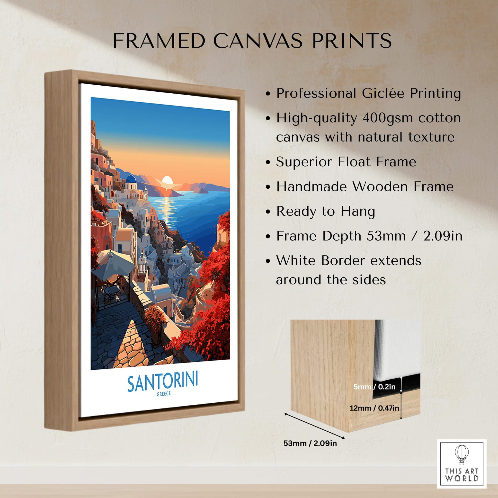 Santorini Art Print framed canvas print featuring vibrant colors and professional Giclée printing, ideal home decor.