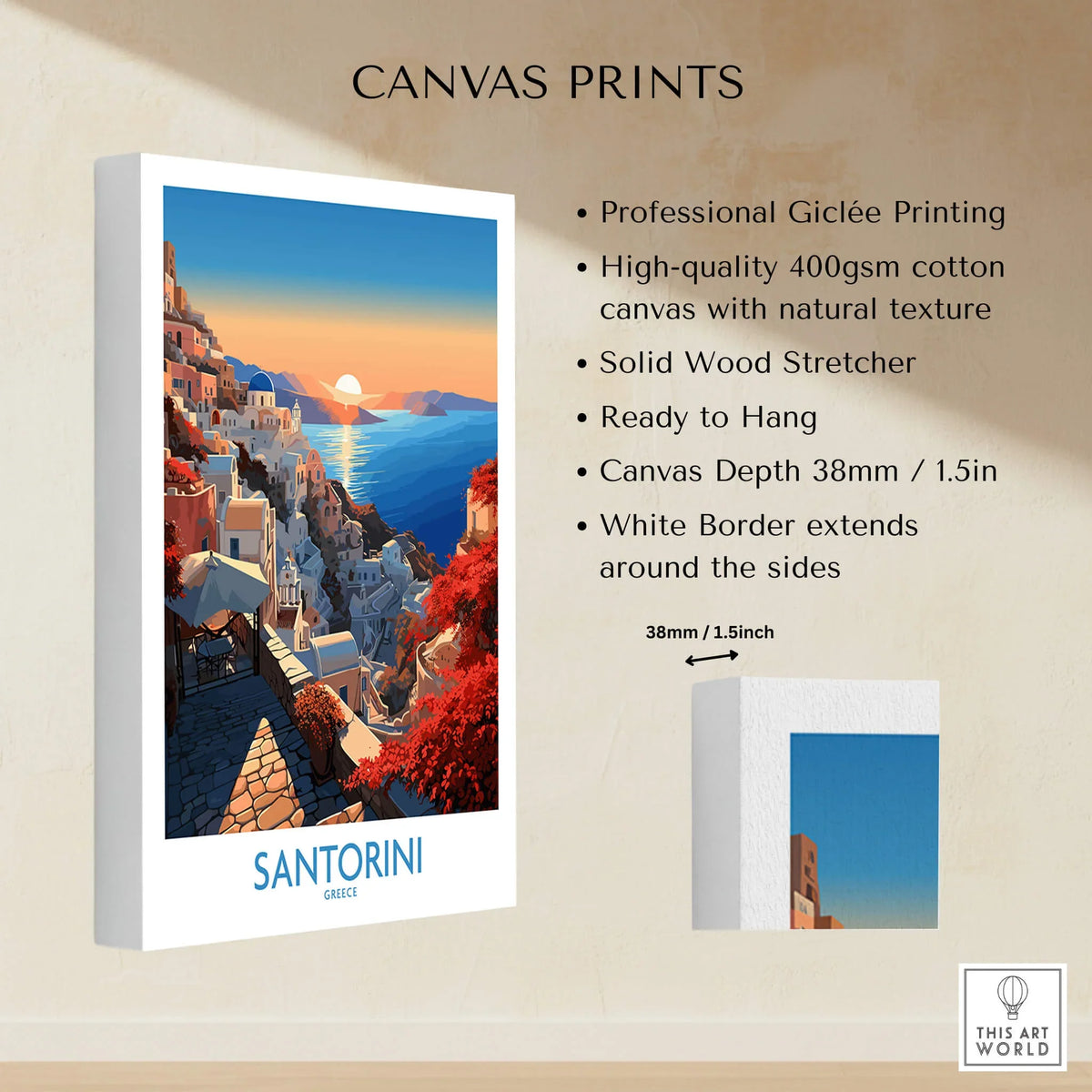 Santorini Art Print showcasing vibrant colors and detailed lines, perfect for home decor.
